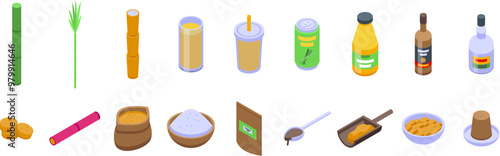 Sugarcane icons set. Sugarcane agriculture industry production process showing different product from plant to final form for store shelves