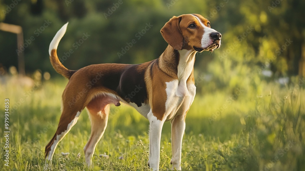A majestic American Foxhound standing alert in a lush green field, with a soft light illuminating its glossy coat A majestic American Foxhound standing alert in a lush green field, with a soft light illuminating its glossy coat