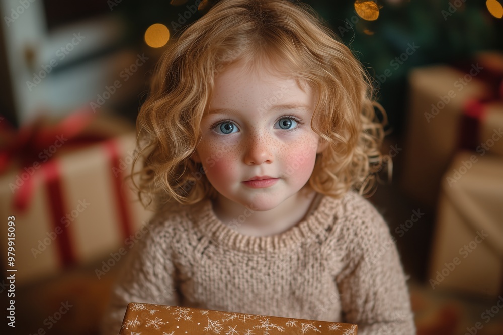 A young child with curly blonde hair and blue eyes holds a beautifully wrapped gift box with a golden ribbon, capturing the magic of the holiday season. A young child with curly blonde hair and blue eyes holds a beautifully wrapped gift box with a golden ribbon, capturing the magic of the holiday season.