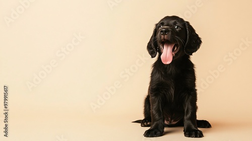 A playful Flat-Coated Retriever puppy sitting on a light solid color background, with its tongue out and a joyful expression photo