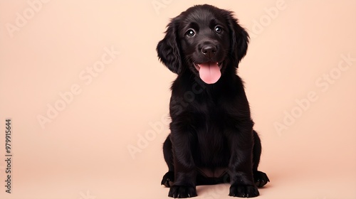 A playful Flat-Coated Retriever puppy sitting on a light solid color background, with its tongue out and a joyful expression photo