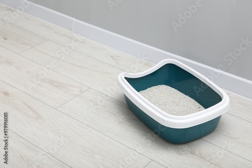 Cat tray with clumping litter on floor indoors, space for text photo