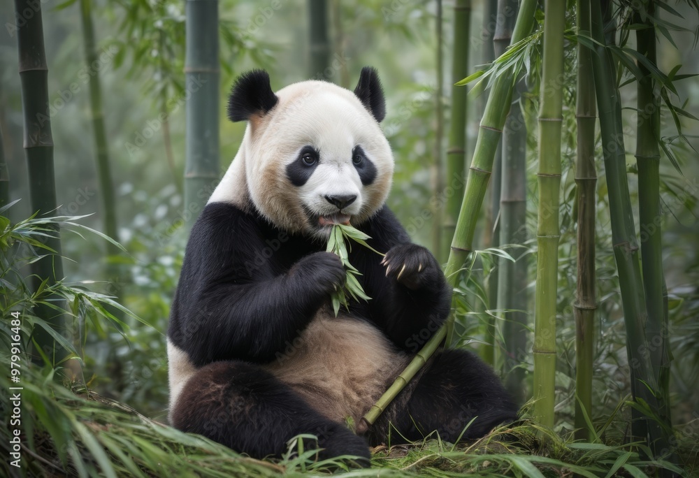 Obraz premium Panda feeding on bamboo in forest