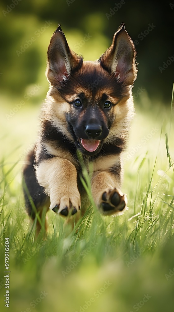 A playful German Shepherd puppy frolicking in the grass, capturing its youthful energy and charm A playful German Shepherd puppy frolicking in the grass, capturing its youthful energy and charm