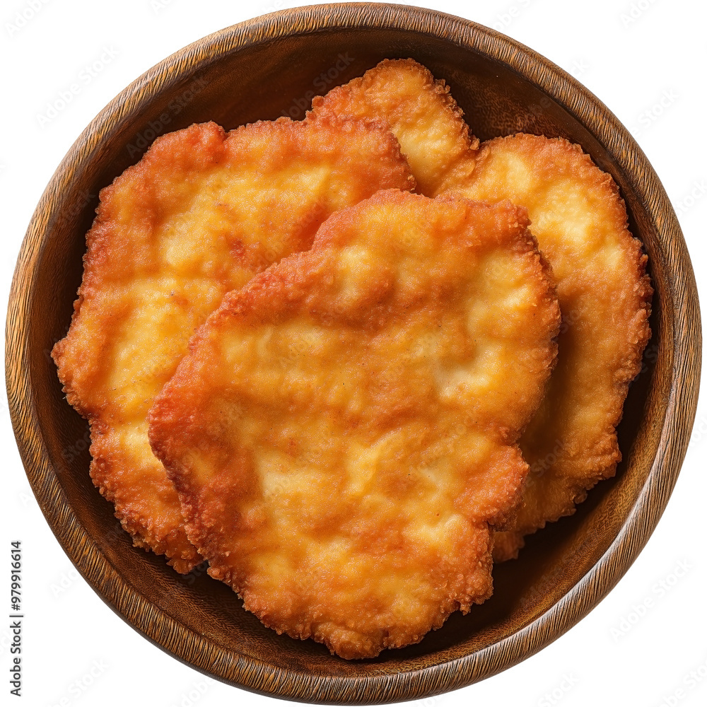 Top view of a traditional German schnitzel cutlet served in a rustic wooden bowl on Transparent background Top view of a traditional German schnitzel cutlet served in a rustic wooden bowl on Transparent background