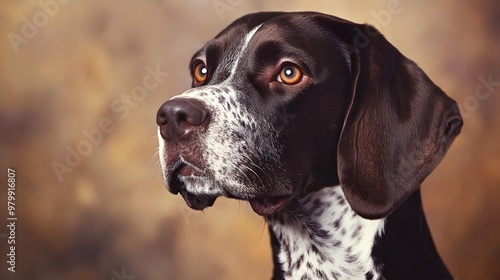 A close-up portrait of a German Shorthaired Pointer with expressive eyes and a shiny coat, set against a soft light solid color backdrop