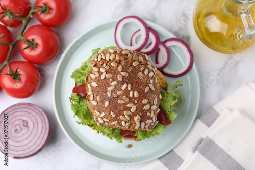 Wallpaper Mural Delicious vegan burger with chickpea cutlet on white marble table, flat lay Torontodigital.ca
