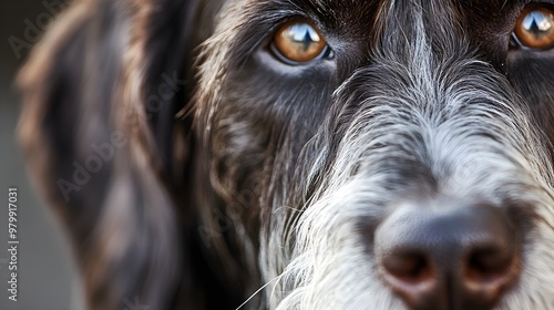 A close-up of a German Wirehaired Pointer's face, highlighting its beard and whiskers against a soft, neutral backdrop