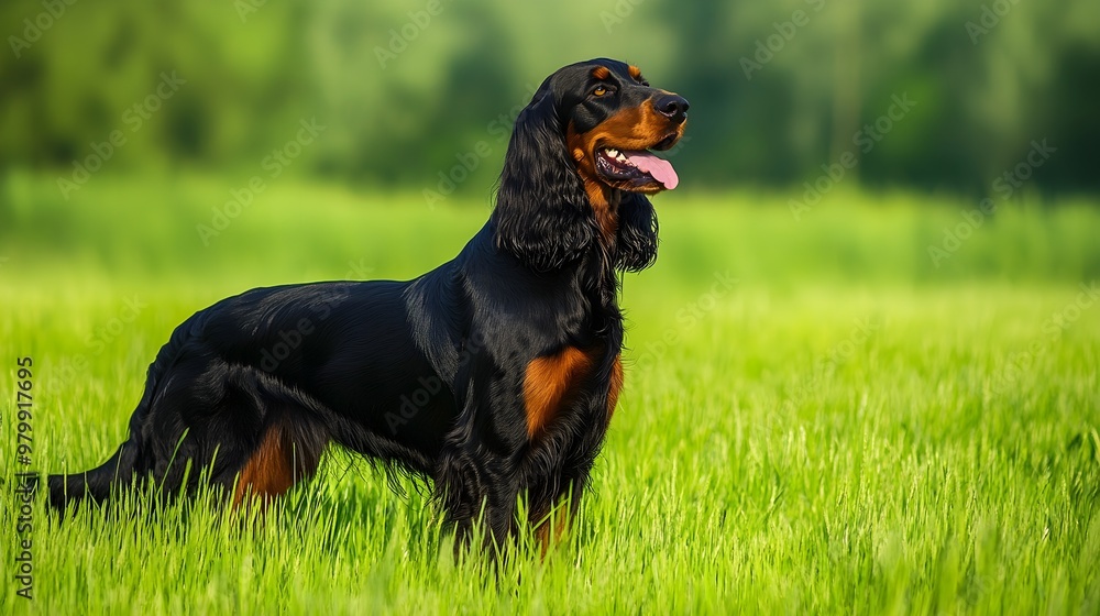 A majestic Gordon Setter standing proudly in a lush green field, with its glossy coat catching the sunlight, light solid color background A majestic Gordon Setter standing proudly in a lush green field, with its glossy coat catching the sunlight, light solid color background