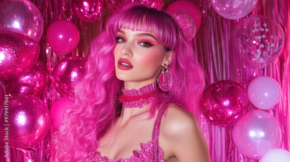 Vibrant Social Media Influencer Posing with Viva Magenta-Themed Backdrop Vibrant Social Media Influencer Posing with Viva Magenta-Themed Backdrop