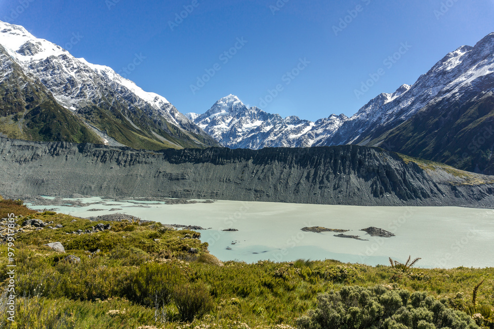 Naklejka premium Lake Pukaki & Lake Tekapo Views with Lupin Fields, Hooker Valley Track, Southern Alps, Mt Cook Mountains Glacial Rivers, Snow-Capped Peaks, Scenic Trails, Landscape New Zealand’s Canterbury Queenstown
