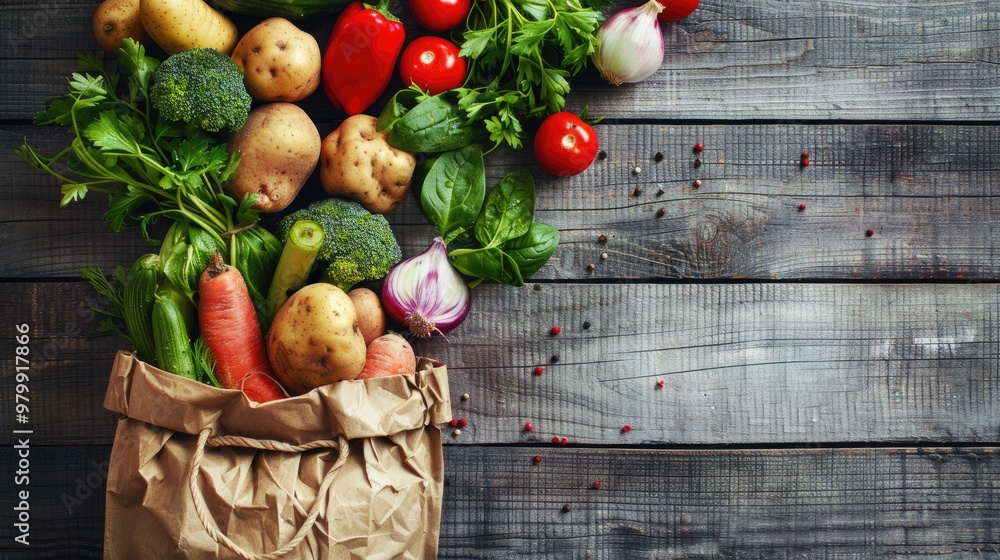 Organic veggies and vegan ingredients in paper bag on wooden surface Organic veggies and vegan ingredients in paper bag on wooden surface