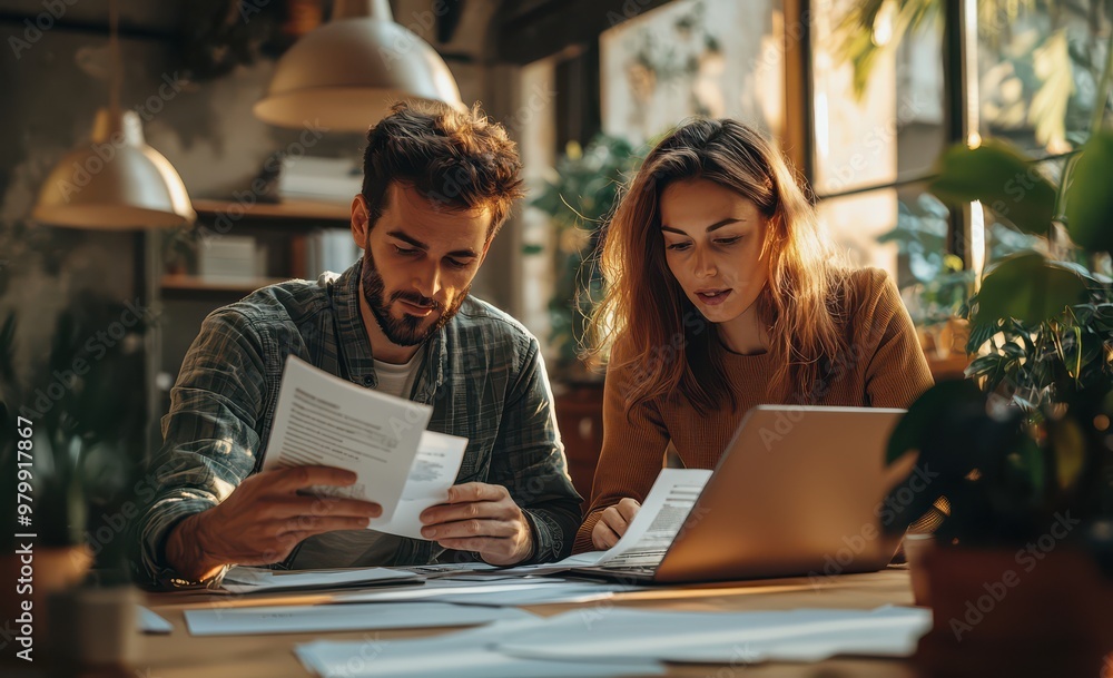 A man and woman collaborating on a project at a cozy workspace with documents and a laptop A man and woman collaborating on a project at a cozy workspace with documents and a laptop