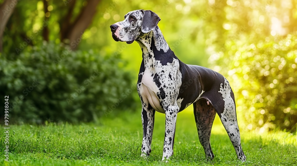 A majestic Great Dane standing proudly in a lush green park, showcasing its impressive stature against a light solid color background A majestic Great Dane standing proudly in a lush green park, showcasing its impressive stature against a light solid color background