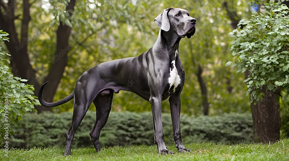 A majestic Great Dane standing proudly in a lush green park, showcasing its impressive stature against a light solid color background
