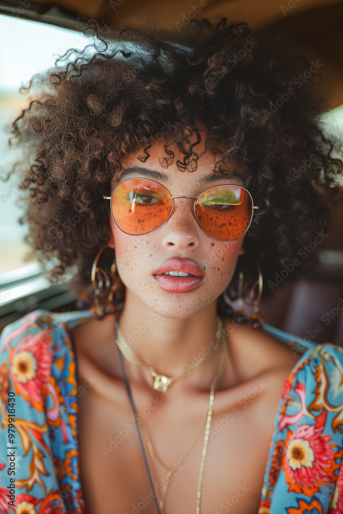 A woman with curly hair and orange sunglasses is wearing a floral dress A woman with curly hair and orange sunglasses is wearing a floral dress