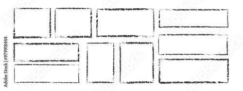 Set of rectangular and square frames in grunge style. Square borders drawn in black charcoal, chalk or ink for design, banner, poster, cover. Vector illustration