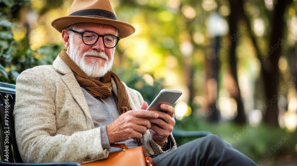 Stylish Senior Man Using Smartphone on Park Bench - Modern Lifestyle Concept with Copy Space Stylish Senior Man Using Smartphone on Park Bench - Modern Lifestyle Concept with Copy Space