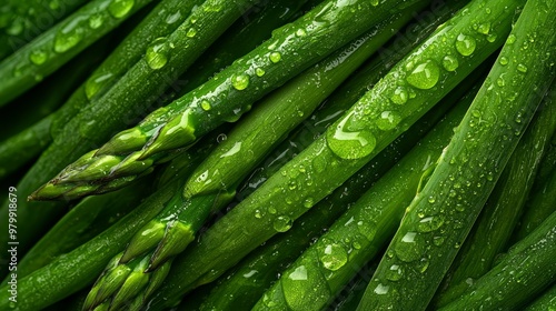  A cluster of green asparagus spears with dewdrops, surrounded by a nearby green plant in the foreground