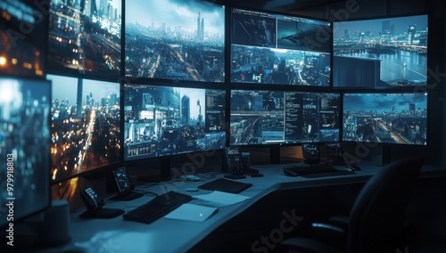 A security control room with multiple monitors displaying live footage of the city, showcasing surveillance and crime forensics in an urban setting Generative AI