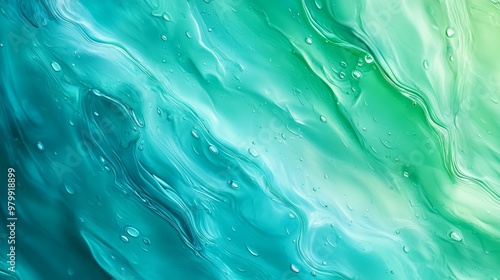  A tight shot of a water droplet on a blue-green wallpaper, adorned with similar droplets on its surface photo