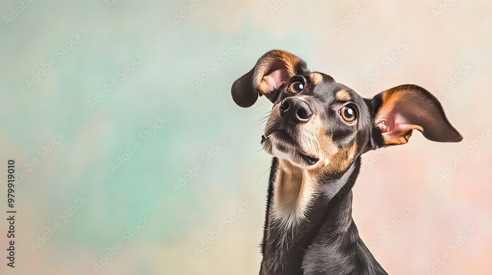 A close-up portrait of a Harrier dog with its ears perked up, highlighting its friendly demeanor against a soft pastel backdrop A close-up portrait of a Harrier dog with its ears perked up, highlighting its friendly demeanor against a soft pastel backdrop