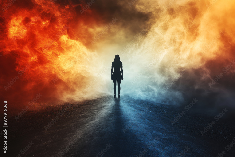 A figure stands at a crossroads surrounded by swirling smoke and contrasting flames under a mysterious twilight sky A figure stands at a crossroads surrounded by swirling smoke and contrasting flames under a mysterious twilight sky