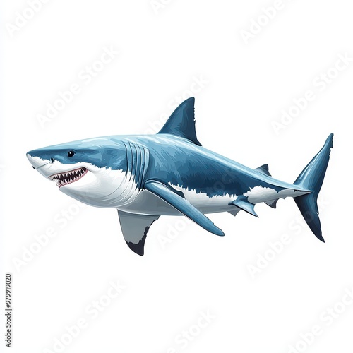 A realistic illustration of a great white shark swimming, showcasing its powerful build and striking colors, white background