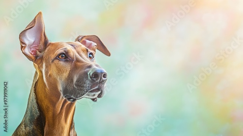 A close-up portrait of a Harrier dog with its ears perked up, highlighting its friendly demeanor against a soft pastel backdrop photo