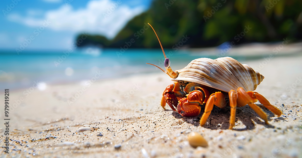 Close-Up of a Hermit Crab on a Tropical Beach: Showcasing the Intricate Details of This Small Shell-Dwelling Creature Against the Soft Sand and Coastal Backdrop Close-Up of a Hermit Crab on a Tropical Beach: Showcasing the Intricate Details of This Small Shell-Dwelling Creature Against the Soft Sand and Coastal Backdrop