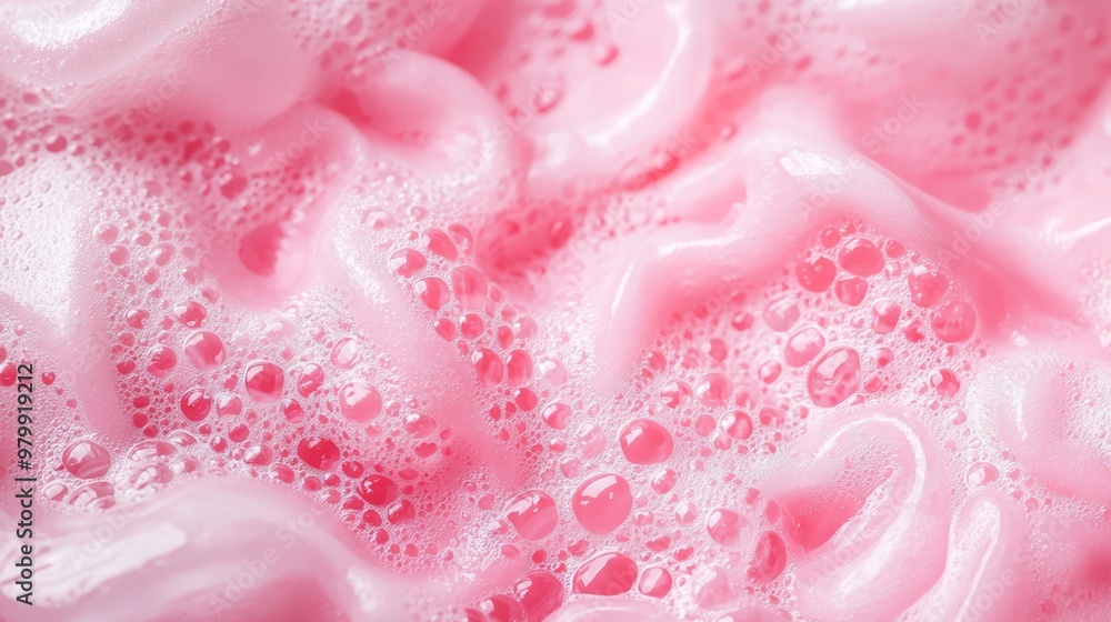 A tight shot of pink foam with water droplets atop and below A tight shot of pink foam with water droplets atop and below