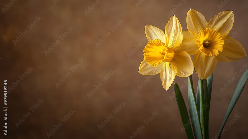 Two yellow daffodils in a glass vase against a brown backdrop, with a brown wall visible in the background Two yellow daffodils in a glass vase against a brown backdrop, with a brown wall visible in the background