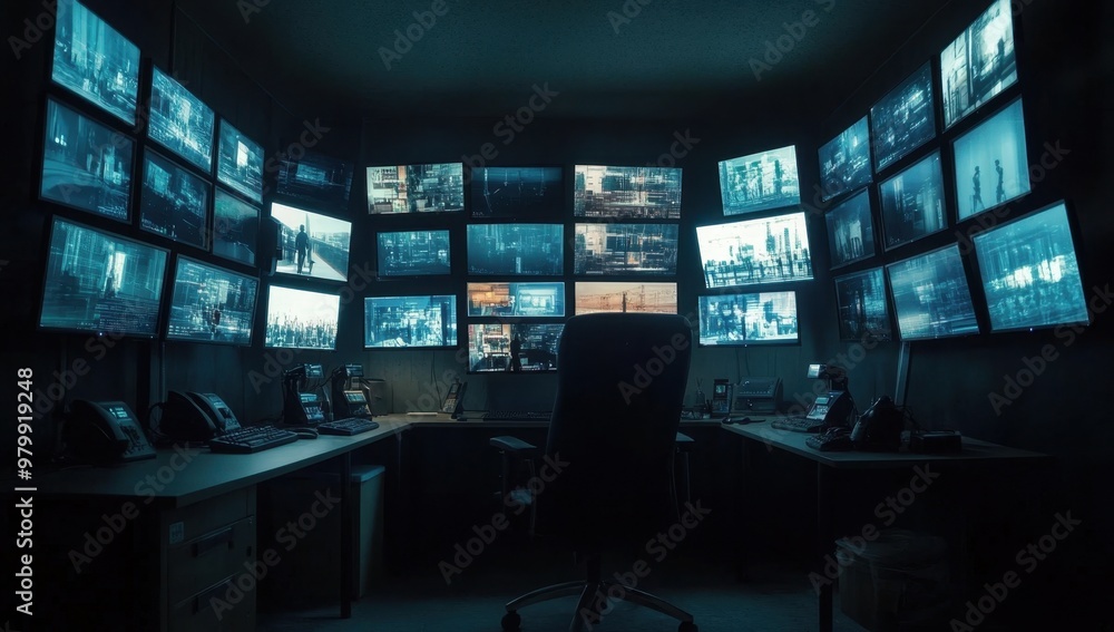A security guard's office with multiple monitors displaying various footage from the surveillance cameras around their facility, a dark room with lights on only in front of the monitors Generative AI A security guard's office with multiple monitors displaying various footage from the surveillance cameras around their facility, a dark room with lights on only in front of the monitors Generative AI