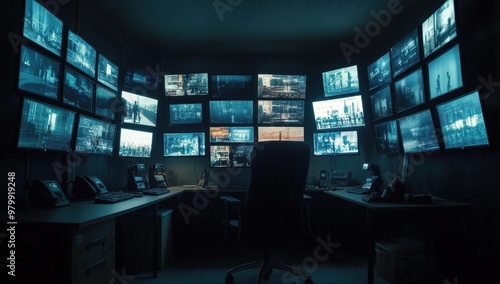 A security guard's office with multiple monitors displaying various footage from the surveillance cameras around their facility, a dark room with lights on only in front of the monitors Generative AI