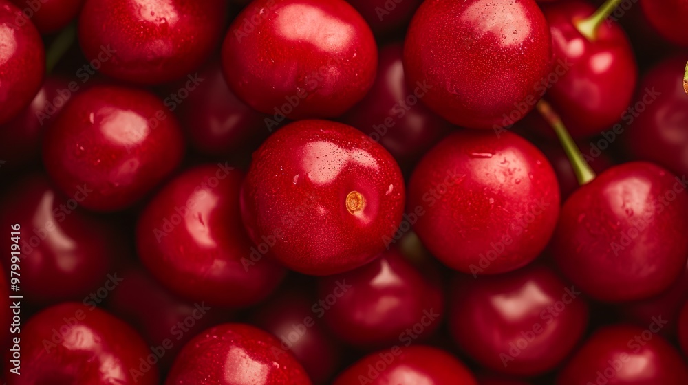 A tight shot of numerous cherries, each with a bead of water clinging to it, and their glossy crowns A tight shot of numerous cherries, each with a bead of water clinging to it, and their glossy crowns
