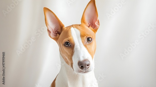 A close-up portrait of an Ibizan Hound with alert expression, captured against a soft pastel backdrop, emphasizing its sleek coat and bright eyes