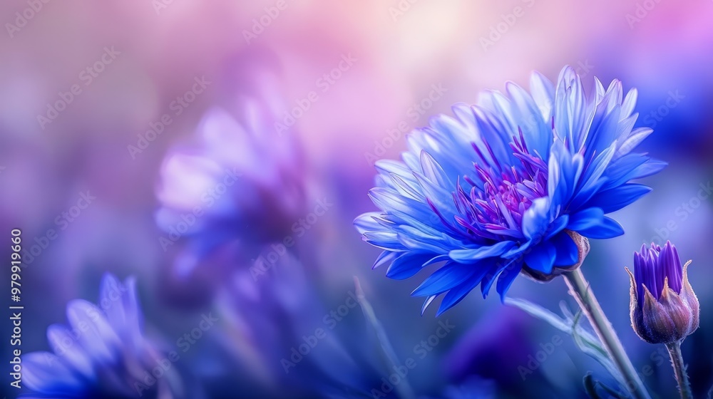 A tight shot of a blue bloom, foreground populated by purple flowers, backdrop of blurred blue blossoms A tight shot of a blue bloom, foreground populated by purple flowers, backdrop of blurred blue blossoms