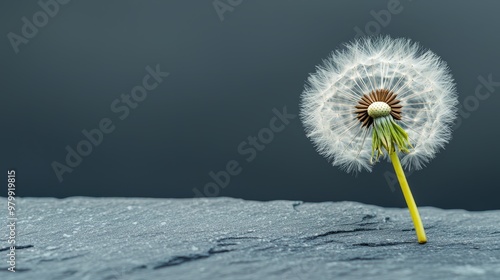  A dandelion atop a weathered stone, wilted by the wind against a backdrop of ominous darkness photo