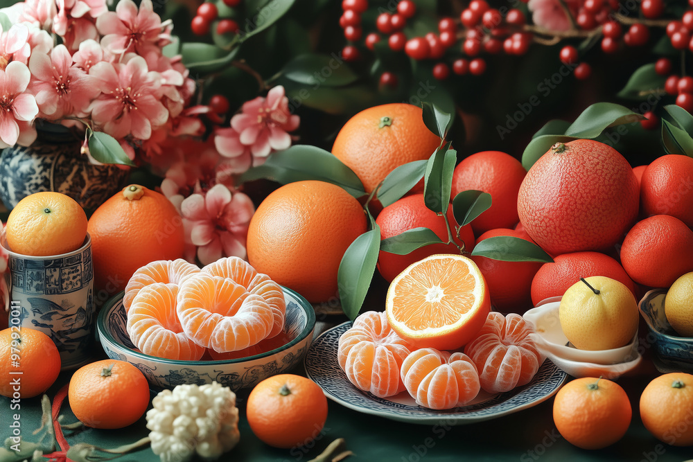 A vibrant display of traditional fruits and floral arrangements in a cozy setting, celebrating culture and seasonal bounty A vibrant display of traditional fruits and floral arrangements in a cozy setting, celebrating culture and seasonal bounty