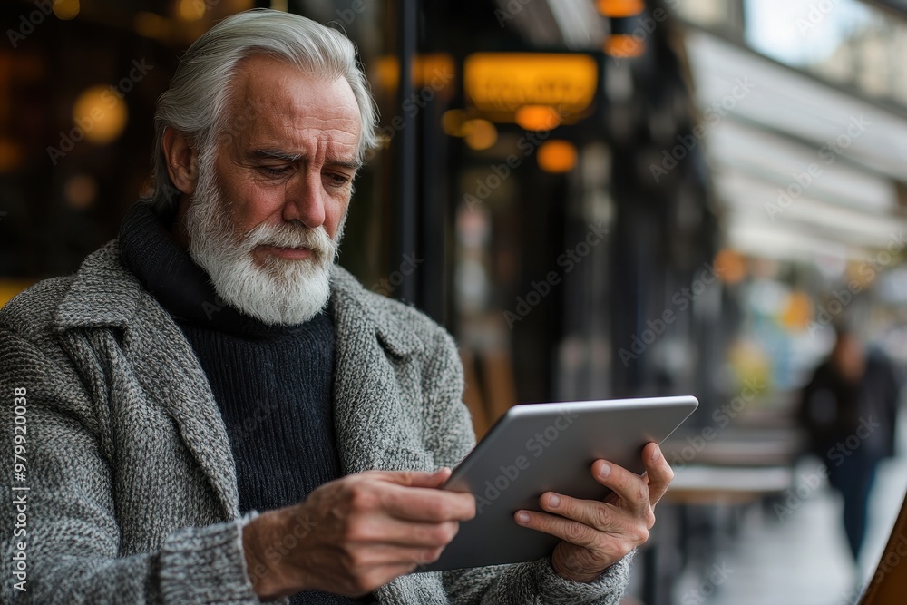 Modern Senior Man Using Tablet at Trendy Cafe with Copy Space. Modern Senior Man Using Tablet at Trendy Cafe with Copy Space.