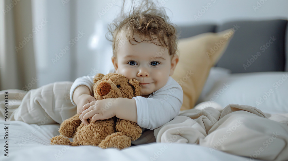 A baby hugging a soft teddy bear with innocence and affection peaceful expression, radiating warmth and comfort A baby hugging a soft teddy bear with innocence and affection peaceful expression, radiating warmth and comfort
