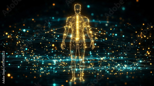 Illustration of the human body with acupuncture points highlighted, showing pathways of energy flow