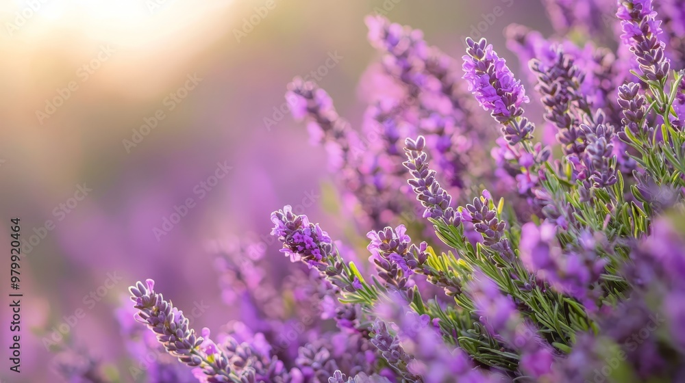 Fototapeta premium A tight shot of lavender blooms in a field, sunlight bathing flowers behind