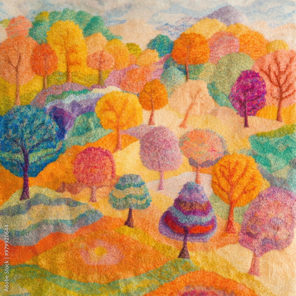 Serene Autumn Bliss - Pastel-colored Trees and Knitted Yarn Blanket the Landscape on a Bright Day Serene Autumn Bliss - Pastel-colored Trees and Knitted Yarn Blanket the Landscape on a Bright Day