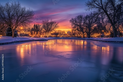 Mesmerizing Frozen Lake with Twinkling Christmas Lights Reflection at Sunset