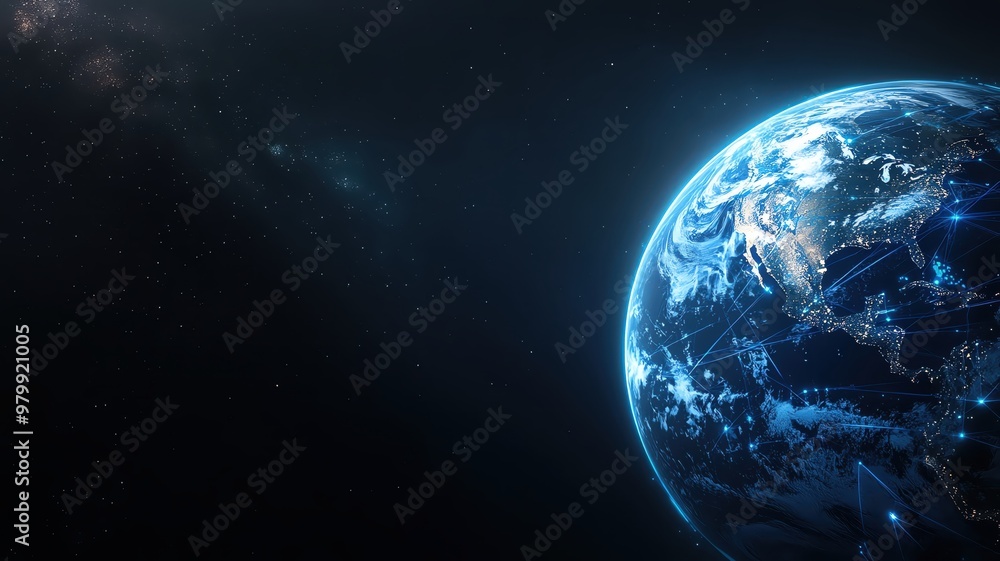 A stunning view of Earth from space, showcasing its blue oceans, swirling clouds, and the glow of city lights. A stunning view of Earth from space, showcasing its blue oceans, swirling clouds, and the glow of city lights.