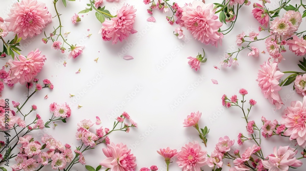 Pink flowers arranged in a frame on white background Pink flowers arranged in a frame on white background