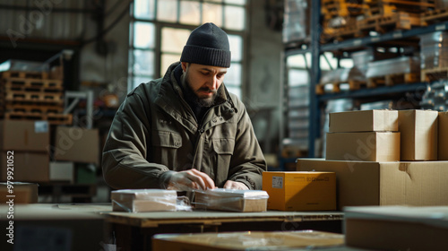 Warehouse workers checking packages in a busy storage environment, ensuring quality control and accuracy in logistics