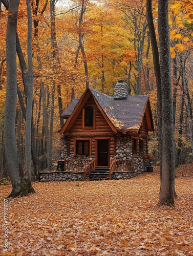 Serene Autumn Retreat: Cozy Cabin Nestled Among Pastel Trees with Knit-textured Leaves Carpeting the Ground