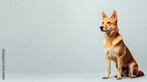 A Jindo dog sitting elegantly on a light solid color background, showcasing its proud posture and alert expression photo